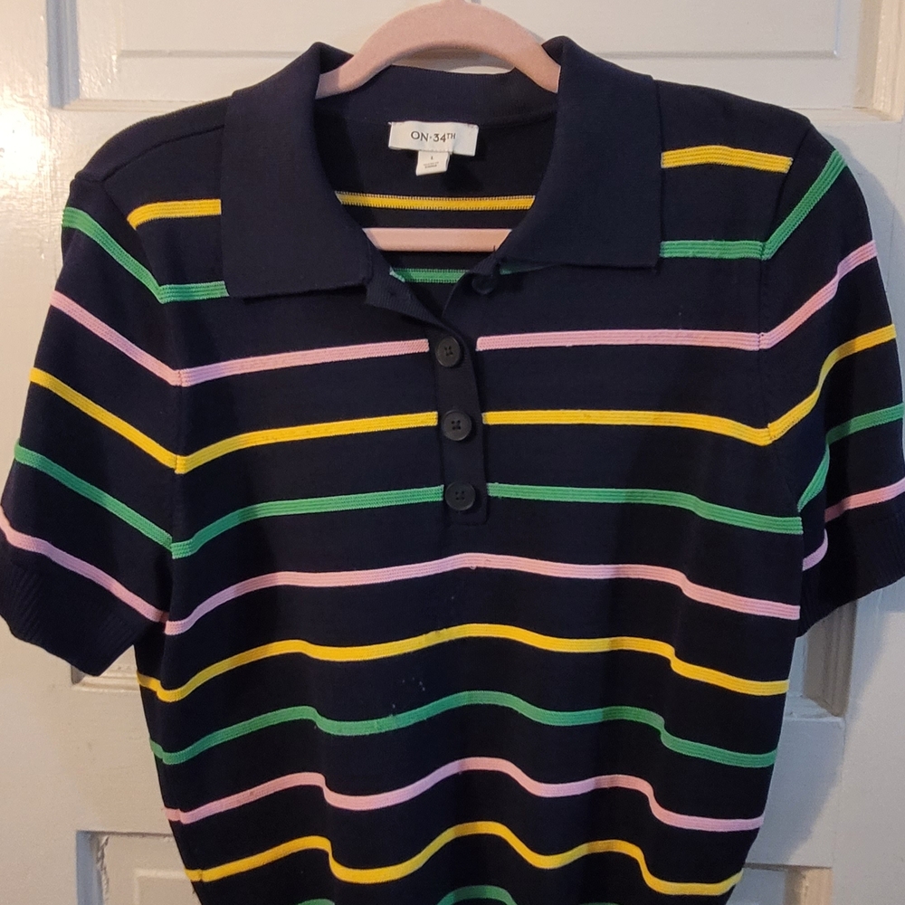 ON 34th Women's Short Sleeve Striped Polo - Navy, Pink, Green, Yellow
